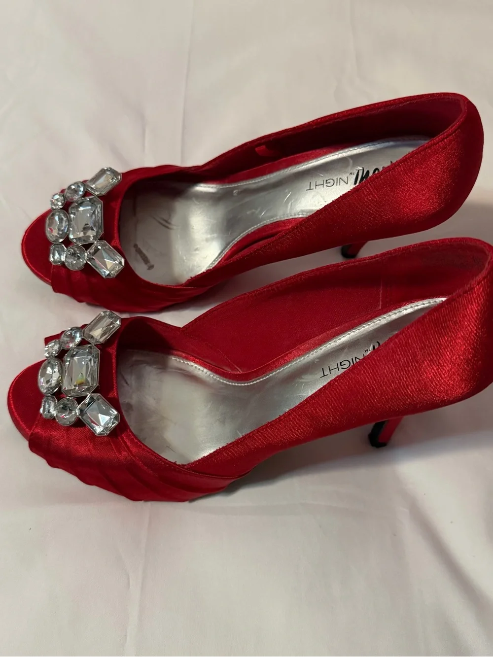 FIONI Clothing Red Satin Peep-Toe Heels with Jewel Embellishments